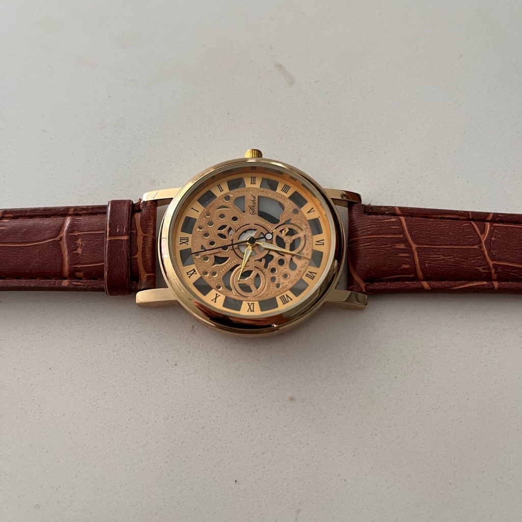 Elegant Gold Watch With Brown Crocodile Strap